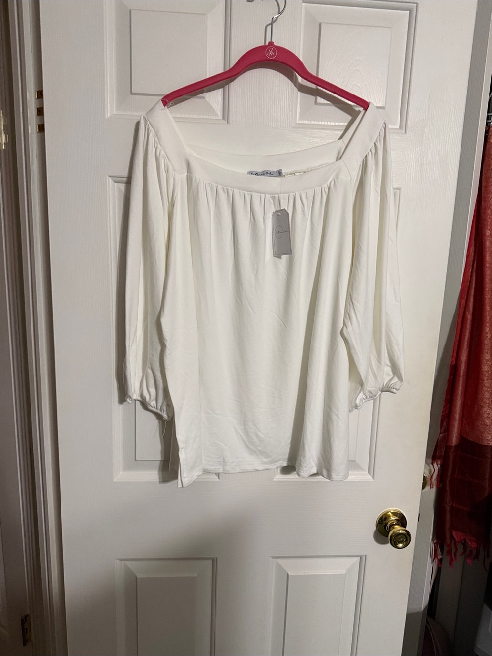 Boat Neck White Gathered Sleeve Top